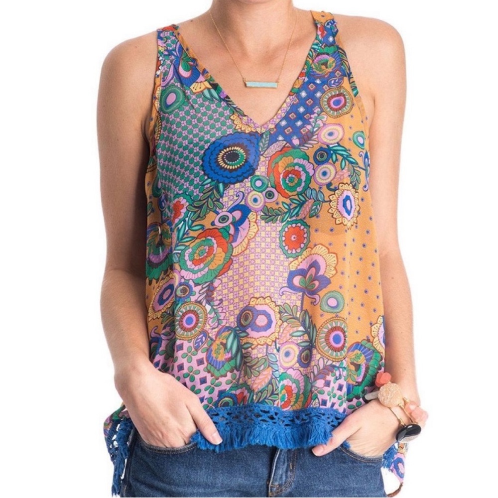 Anthropologie Colorful Print Fringe Trim Tank Top